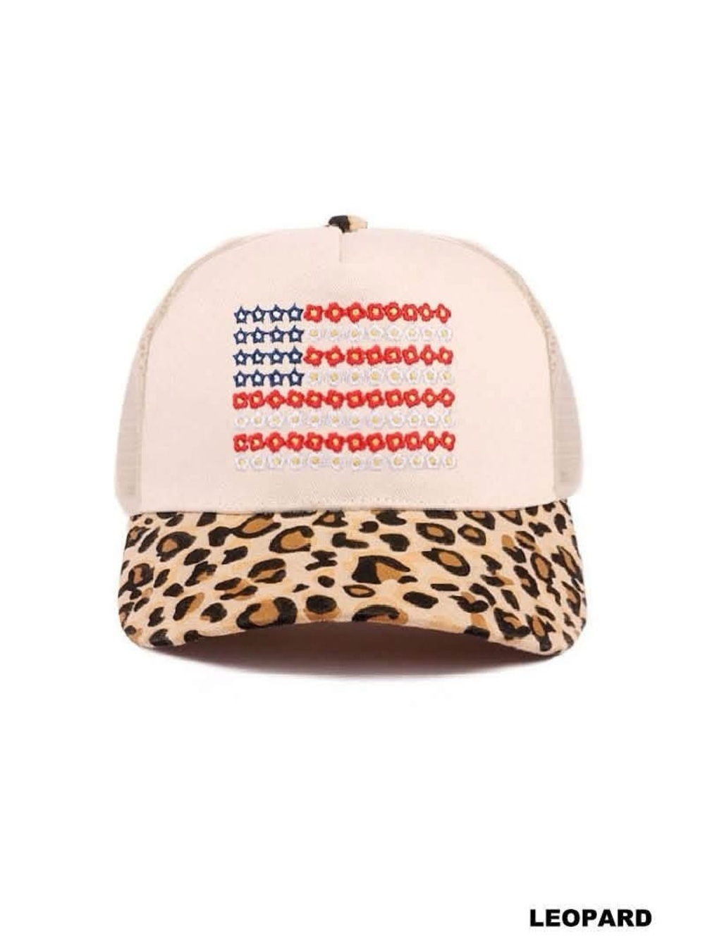 Zenana Leopard Brim Trucker Hat with Floral Flag
